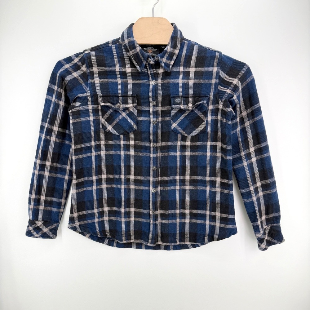 Harley-Davidson Plaid Flannel Shirt Size M 100% Cotton Blue Black Biker Moto Top